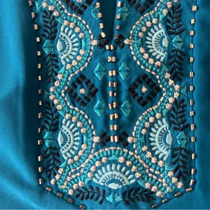 White House Black Market Beaded Turquoise Jersey Embroidered Shift Dress thumbnail 7