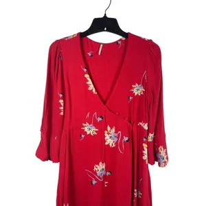 Free People Red Floral Wrap Dress Women’s S Bell Sleeve Boho Mini Dress thumbnail 6