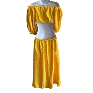 FARM RIO Midriff Dress Size S Yellow Puff Sleeve Off Shoulder Knotted Boho thumbnail 4