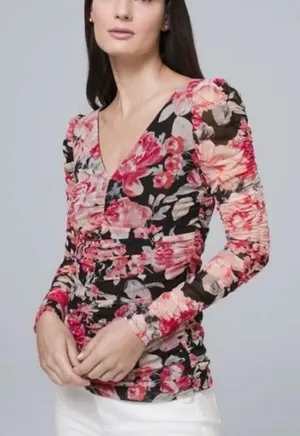 White House Black Market Coquette Floral Dainty Sheer Blouse Top, Sz Medium thumbnail 1