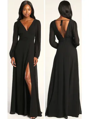 Lulus Love You So Black Long Sleeve Maxi Dress Size Medium NWT V Neck Tie Back thumbnail 2
