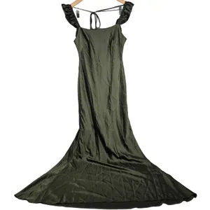 Social Bridesmaids Olive Green Satin Ruffle Flutter‎ Sleeve Maxi Dress XS 8219 thumbnail 3