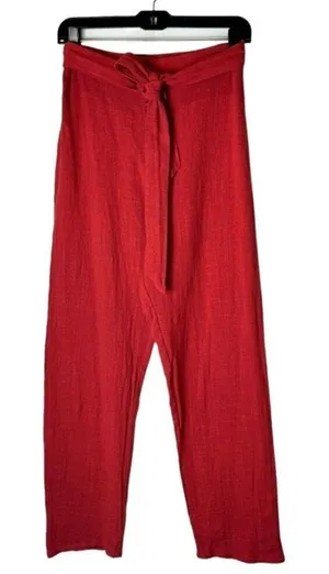 LPA Pants Women Medium Red Gauzy Cotton Elastic Tie Waist High Rise‎ Tapered thumbnail 1