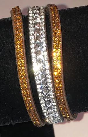 Sparkling Triple Row Wrap Bracelet Amber and Silver Tones Orange thumbnail 1