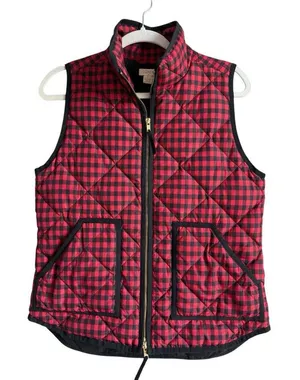 J.Crew Down Puffer Vest Womens Small Black‎ Red Gingham Printed Quilted Full Zip thumbnail 1