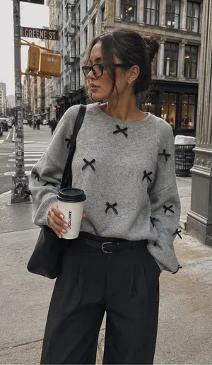 Edikted Gray Sweater with Black Bow Accents thumbnail 1