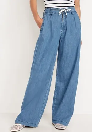 Old Navy Drapey Drawcord Wide Leg Pants Blue Denim High Rise Casual Chambray 16 thumbnail 1