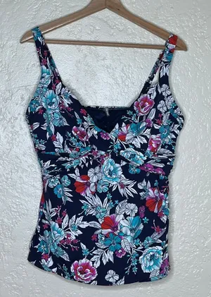 Lands End Tankini Top 16P Navy Floral Shirred Adjustable Straps Swim Women Plus thumbnail 1