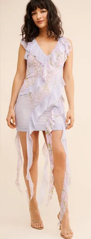 Elliatt Lilac Ruffle Mini Dress with Floral Embroidery thumbnail 1