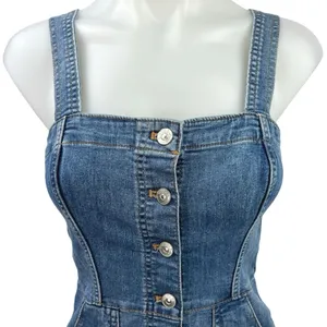 H&M Blue Denim Square Neck Sleeveless Button Mini Overalls Jumper Jean Dress 4 thumbnail 3