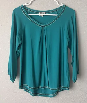Ariat Women's Turquoise Pleated V Neck 3/4‎ Length Top Size Small Rodeo Western thumbnail 1