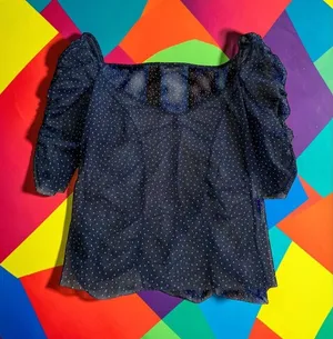 ZARA Navy Blue Sheer Polka Dot Top Size Medium thumbnail 1