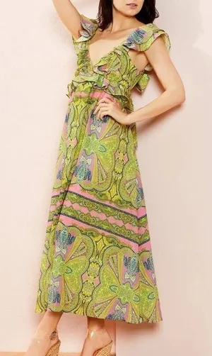 A Loves A Maxi Dress M Boho Ruffle Tie Back Cutout Paisley Wedding Resort‎ NWT thumbnail 1