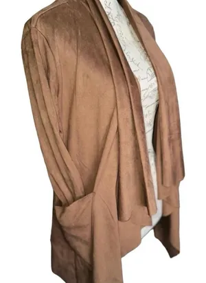 Camel Suede Boho Blazer Trendy Neutral High Low Blouse thumbnail 1