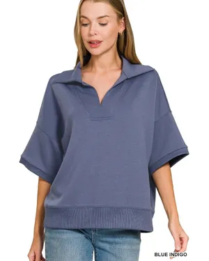 Zenana Scuba Collared Short Sleeve Pullover - Blue Indigo - Small‎ thumbnail 1