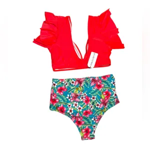 Sporlike ruffle red Coral tropical high waist Bikini L mermaid‎ thumbnail 2