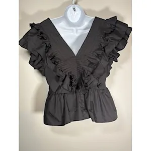 Entro Black Ruffled Peplum Top V-Neck Smocked Pleated‎ Blouse Size Large Chic thumbnail 6