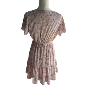 XS/S A-Line Short Pink Green Floral Flutter Sleeve V-Neck Sundress Ruffle thumbnail 2