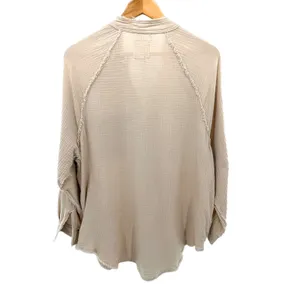 Aerie Gauze Button Up Shirt Beige Frayed Collar Long Sleeve Casual Oversized XXS thumbnail 4