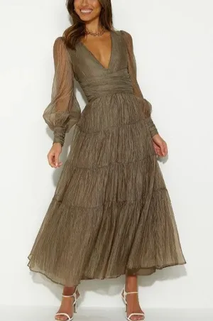 Sheer‎ Crinkle Tiered Maxi Dress Women's S Khaki Ethereal Romantic Coquette Chic thumbnail 1