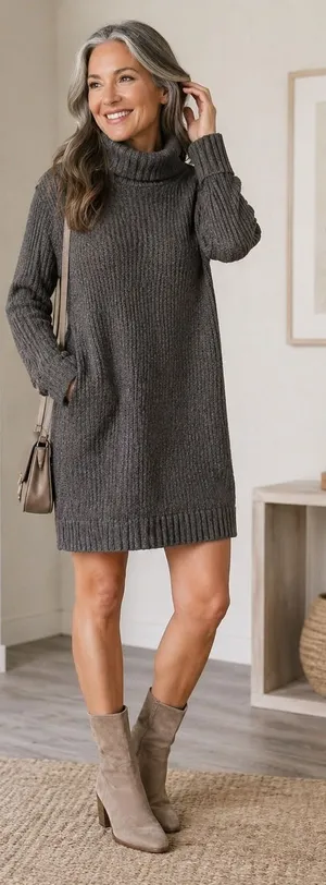 American Eagle Charcoal Grey Ribbed Turtleneck Sweater Dress Midi‎ Length Size M thumbnail 1
