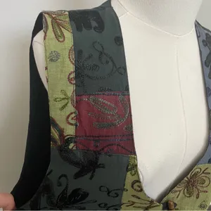Vintage Patchwork Vest Embroidered Floral Birds Art To Wear Wood Toggle Buttons thumbnail 3