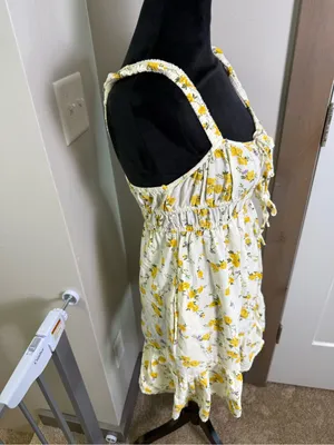 NWT Sim & Sam‎ Yellow White Linen Blend Floral Mini Dress Keyhole Sun Dress S thumbnail 5