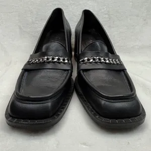 Free People Hayden Black Leather‎ Heeled Loafers Chain Accent Size 41 US 10 thumbnail 3