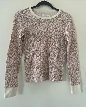 American Eagle Red White Ditsy Floral Waffle Knit Thermal Long Sleeve Top Small thumbnail 1