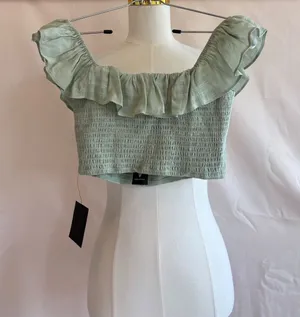Lulus XS Sage Green Ruffle Off-Shoulder Crop Top thumbnail 1