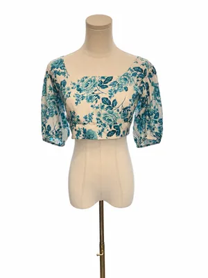 Band of the Free Blue Floral Cropped Smocked Back Puff Sleeve Top Size Small thumbnail 3