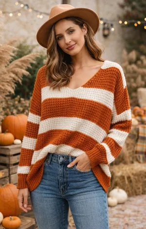 NIP Pink Lily Orange Cream Striped Sweater Size XL V Neck Oversized Cozy Knit thumbnail 1