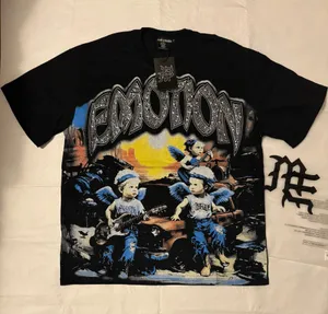 Mixed Emotion black graphic tee with rhinestones featuring three children with wings and guitars, size L thumbnail 1
