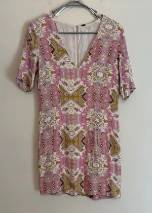 Free People Mini Tunic Dress‎ Sz Medium Pink Printed Short Sleeve V-neck Lined thumbnail 1