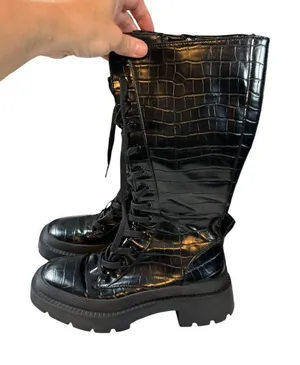 Zara Black Croc-Embossed Lace-Up Combat Boots Size 36 thumbnail 1