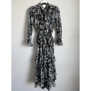 MISA Los Angeles Agnese Ruffle Tiered Midi Dress Chiffon Black Floral Boho XS thumbnail 7