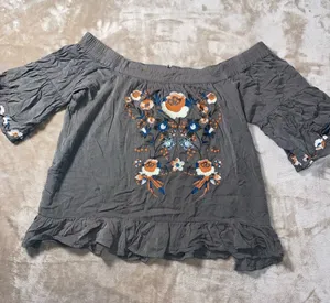 Altar’d State Off Shoulder Peasant Embroidered Floral Blouse Olive Grey thumbnail 1