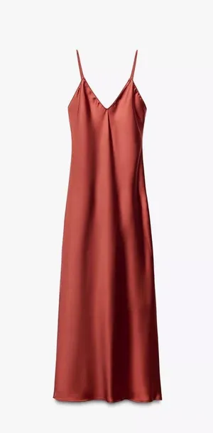 Zara maxi dress cognac rust satin slip midi casual summer thumbnail 6