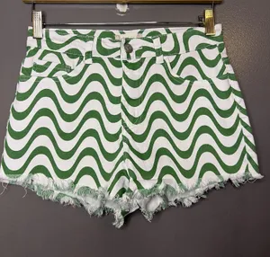 Altar'd State Denim Shorts Womens Small Green Wave Stripe Cutoff Fringe thumbnail 1
