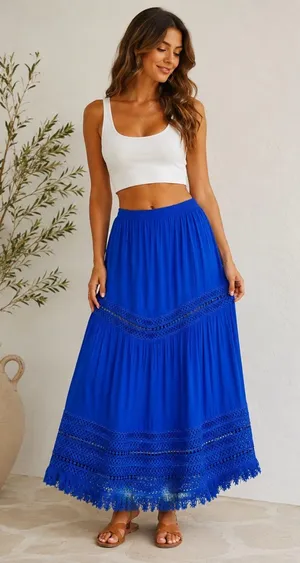 Ramy Brook Royal Blue Crochet Fringe Trim Maxi Skirt thumbnail 1