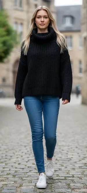 Free People Black Turtleneck Sweater with Chunky Knit Relaxed Fit S thumbnail 1
