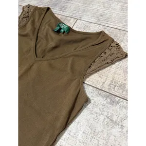 Lauren Ralph Lauren Brown V-Neck Tank Top Crochet Lace Cap Sleeve Petite thumbnail 3