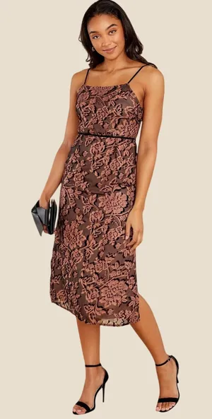 Dress‎ Forum LA Floral Burnout Velvet Midi Dress Brown Lace Up Back Medium EUC thumbnail 1