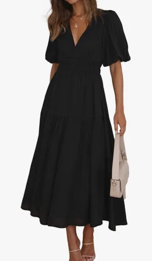 NEW Short Puffy Sleeve V Neck A-Line Flowy Wrap Wedding Guest Lined Dress S thumbnail 1