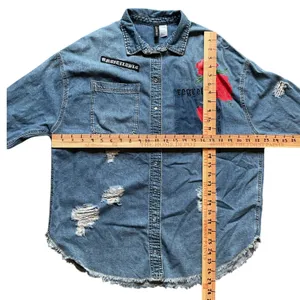 H&M Denim Shirt Women’s Oversized Grunge Y2K Distressed Rose Graphic Jean Top thumbnail 8