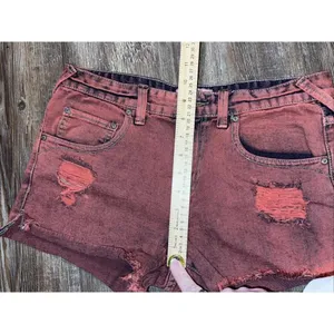 Free People Red Boho Hippie Grunge Emo Goth Distressed Cut Off Y2K Denim Short‎ thumbnail 5