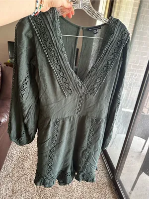 American Eagle Outfitters Dark Green Crochet-Trim Long-Sleeve Romper thumbnail 1