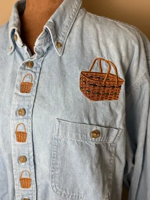Vintage Embroidered Denim Button Down Shirt XL Baskets Cottagecore Teachercore thumbnail 3