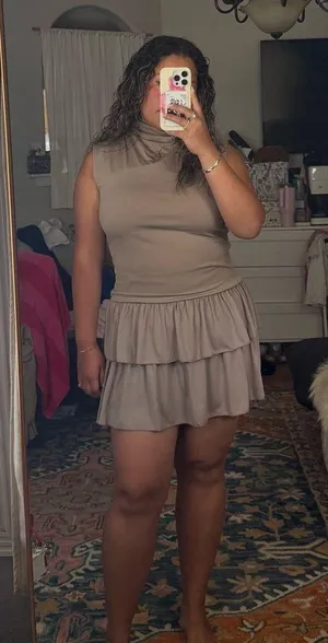 Brown mini dress bubble style layered skirt mock neck fall style short neutral dress thumbnail 3