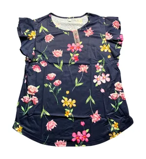 Womens Floral Flutter Sleeve Top Shirt Navy Blue‎ Pink Yellow Crew Neck Large thumbnail 1